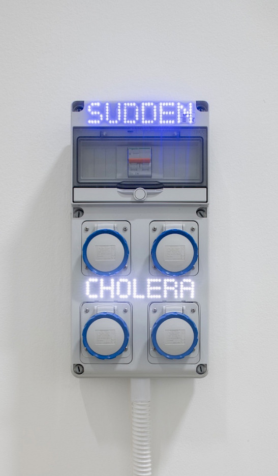 Sentences for a New Order SUDDEN CHOLERA 2018 LED lights on Gewiss GW68003N electricity box 435  22  96 cm Courtesy of the artist and Galerie Chantal Crousel Paris Photo  Martin Argyroglo  Hassan Khan