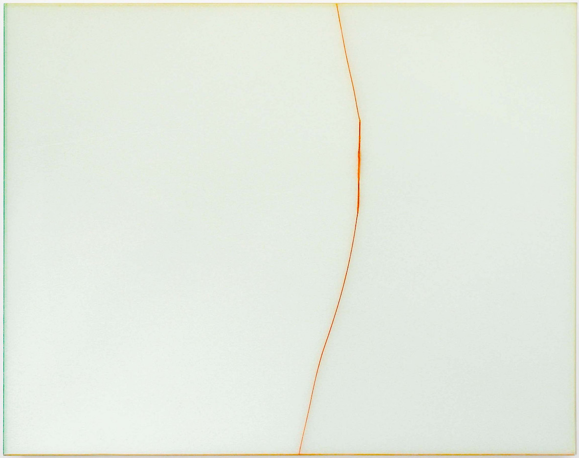 Herbert Warmuth Orange durch Grünlichtweiß 2021 Acrylic behind and through plexiglass 120 x 150 cm