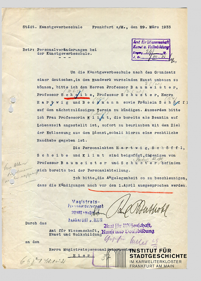 Letter on upcoming personnel changes, March 29th 1933. Source: Institut für Stadtgeschichte, Frankfurt