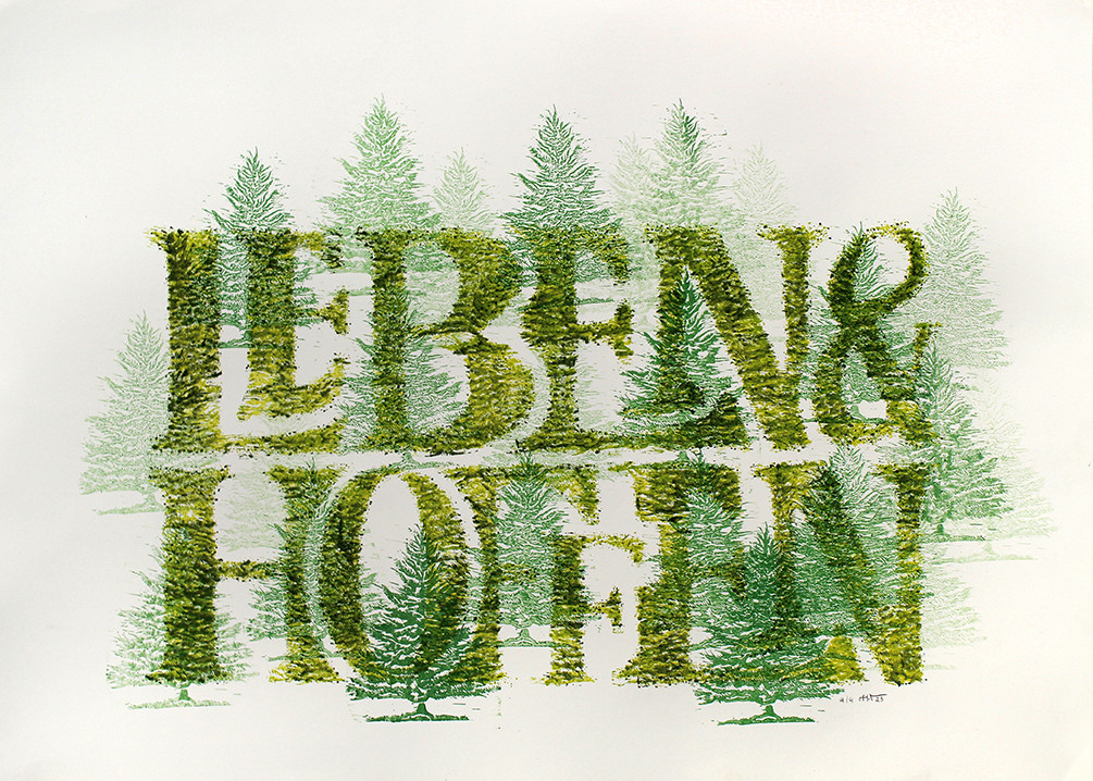 „Grün ist die Hoffnung“, Elisabeth Hatscher 70 x 50 cm, Stempeldruck (Soft-Cut und Stencil), Linoldruckfarbe und Acryl auf Papier