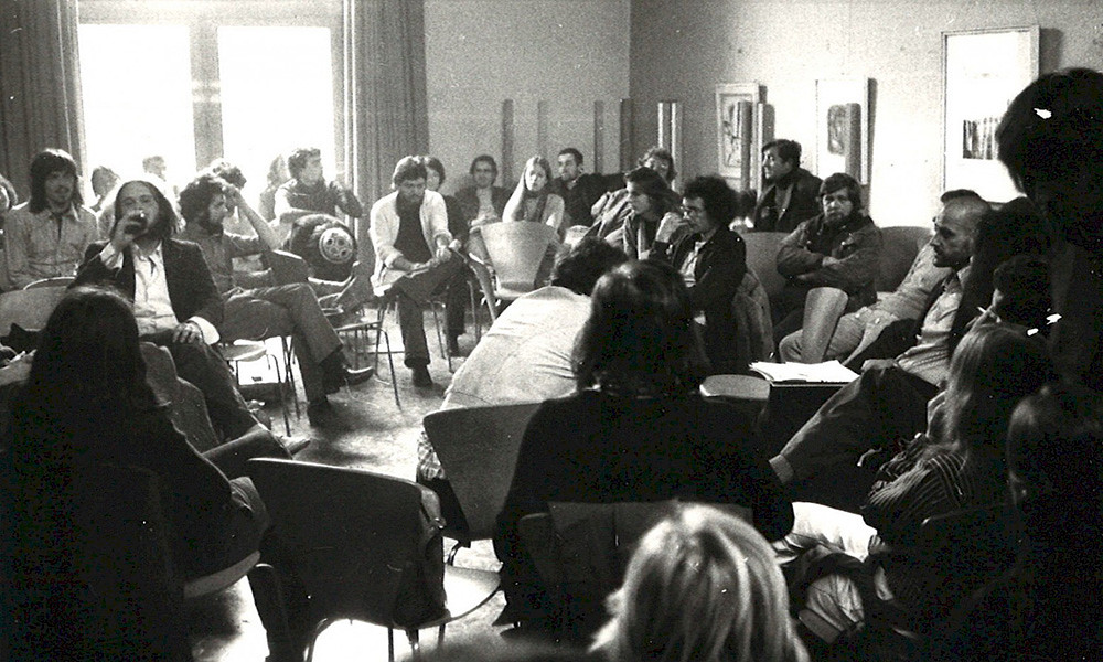 Black and white photograph of a 1974 lecture