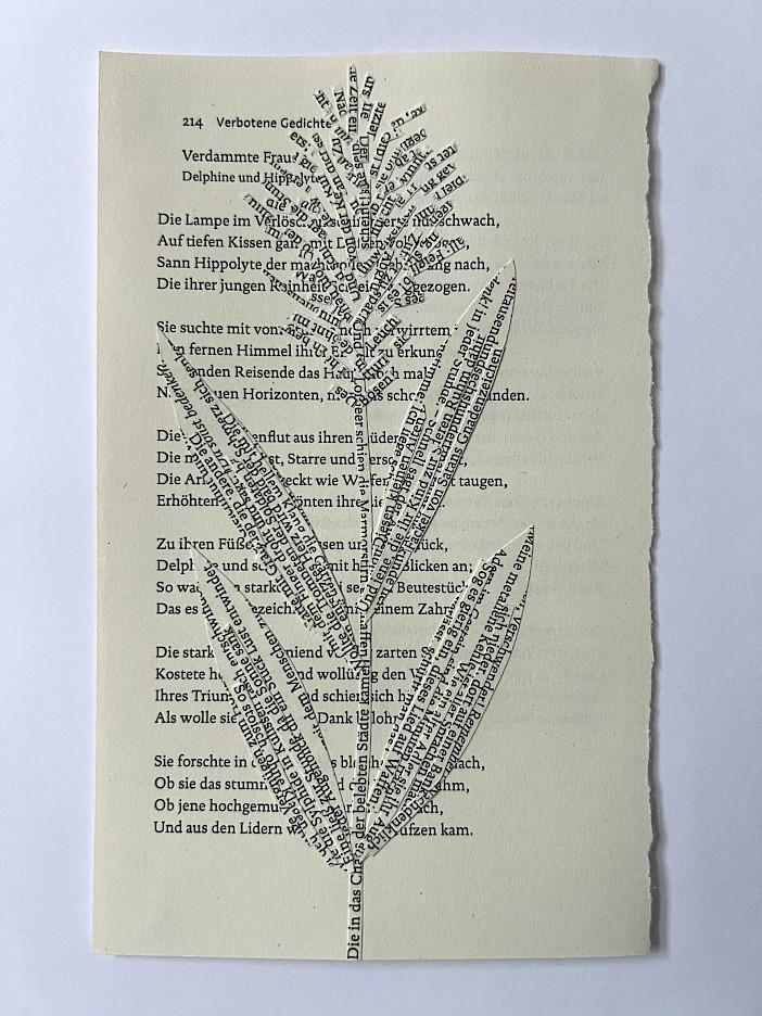 Manfred Peckl, Dieb Lumen des Bösen/Verdammte Frau, 2025, collage on bookpage, 19 x 11.8 cm