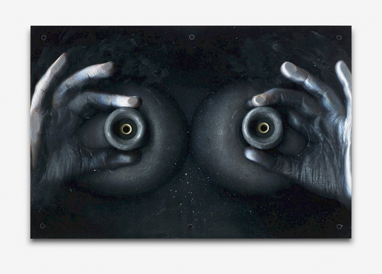 Lucie Stahl, Machinist I, 2019, Inkjet print mounted on aluminium, plexiglass, steel screws, 70 x 105 cm