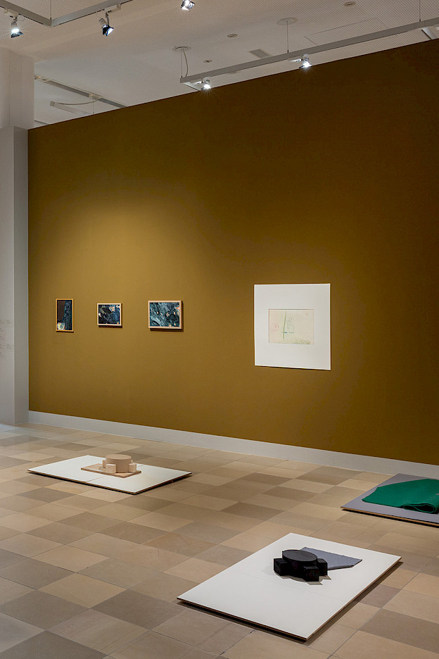 Exhibition view with six works by Sam Cottington