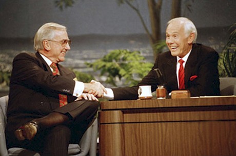 Johnny Carson, shakes hands with the show’s announcer Ed McMahon during Carson’s final taping of The Tonight Show on May 22, 1992. (AP Photo/Douglas C. Pizac)