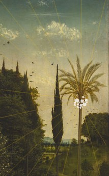 Jan van Eyck, Genter Altar, Altar des Mystischen Lammes, rechter Flügel, unten, äußere Szene: Die Eremiten, Landschaft mit Vögeln, 1426–1432, Gent