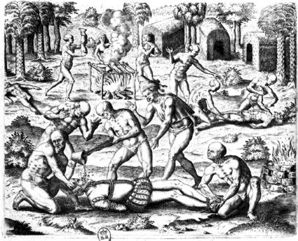 Indians pouring molten gold down throats of a captive. Engraving by Theodore de Bry (1528-98), Les Grands Voyages, Part V, 1595. From the collection of the Bibliotheque Nationale, Paris, France.